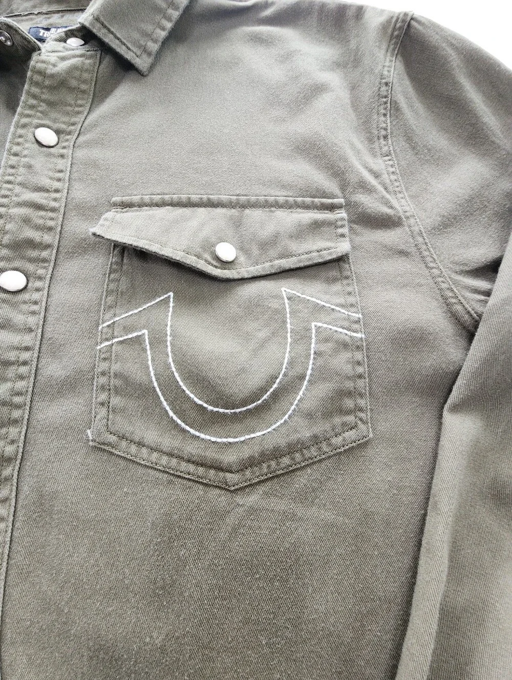 True Religion Olive Green Overshirt Shacket Snap Button Shirt Men XL